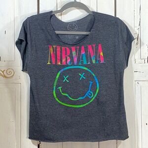 Nirvana Band Tee Womens Med Gray Tie Dye Smiley Face Raw Hem Grunge Music Rock